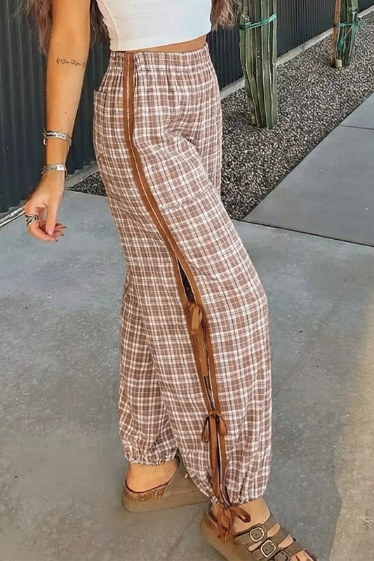 Plaid Print Tie Detail Casual Pants, brown/tan check with side ties, Trendsi trousers.