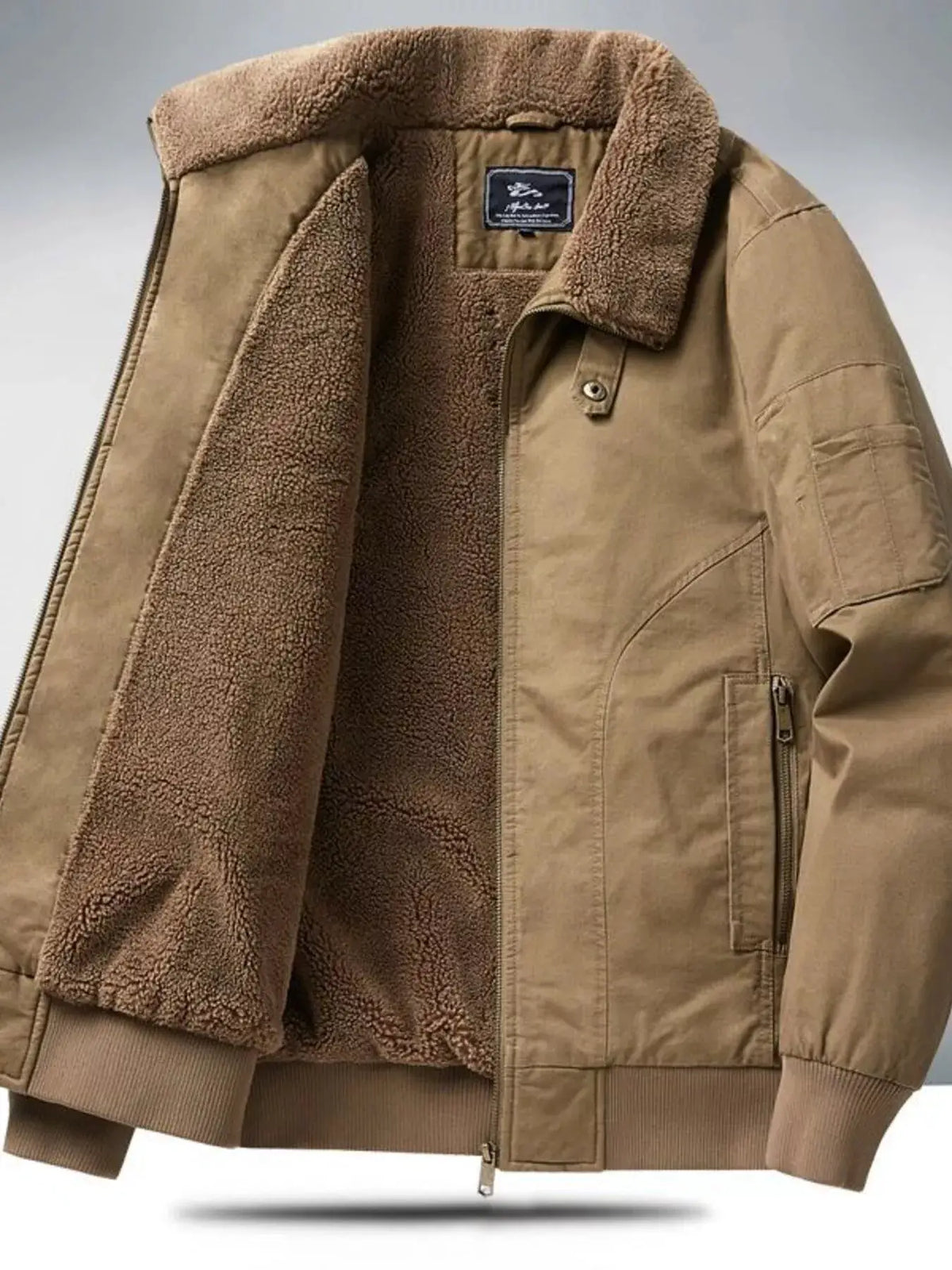 Men's plus-size sherpa-lined zip-up jacket in tan by Trendsi