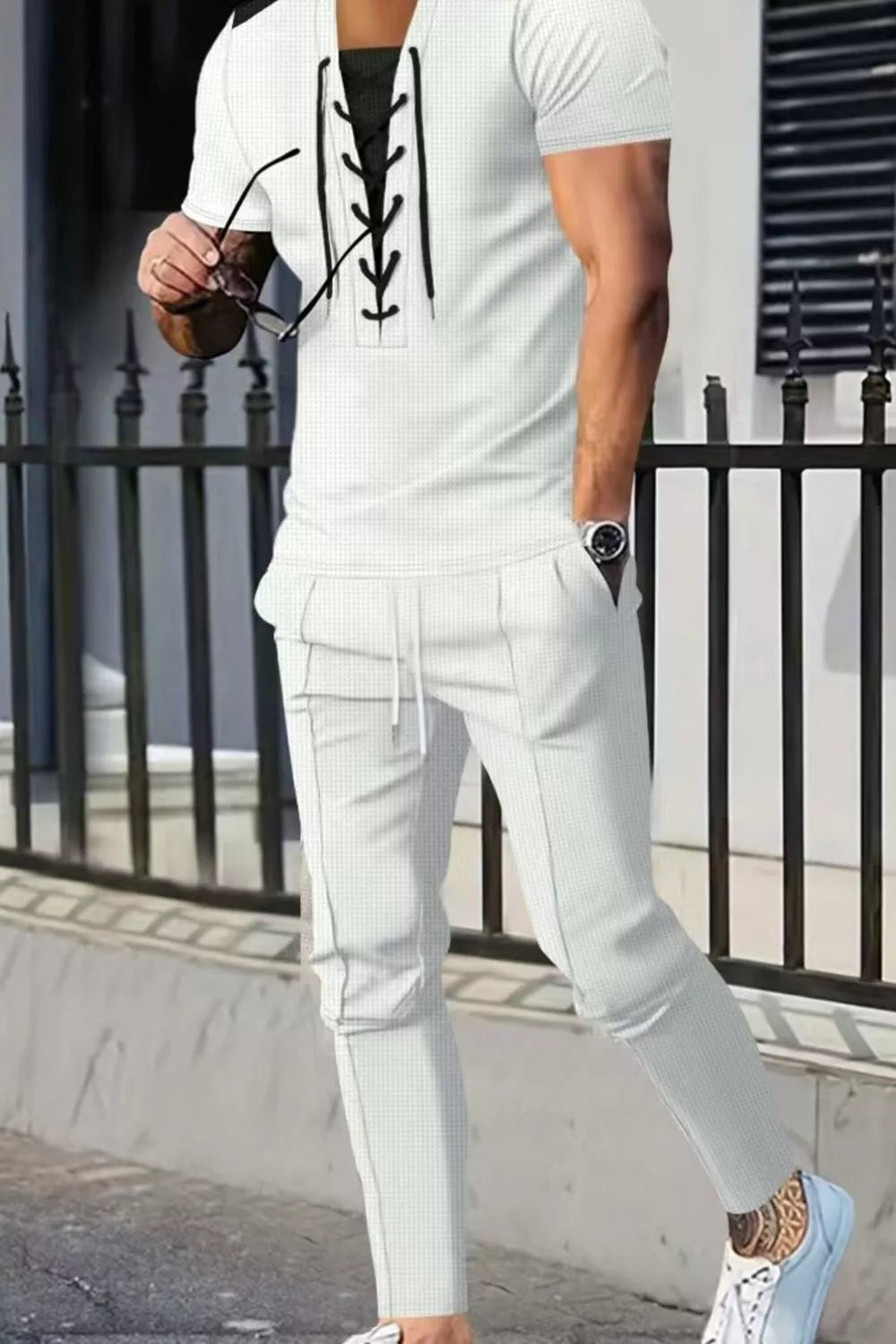 Men's white full-size lace-up front top and pants casual set with drawstring