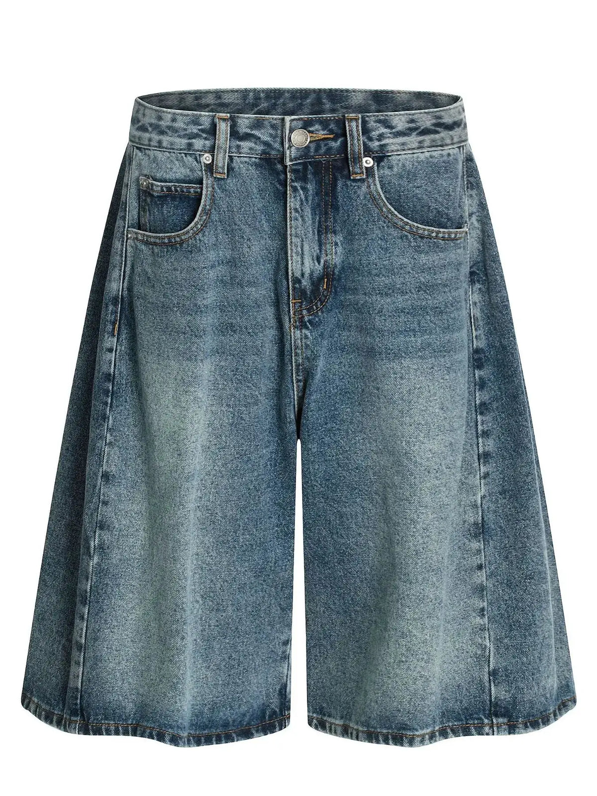 Men's washed wide-leg blue denim shorts with cotton stretch and relaxed fit