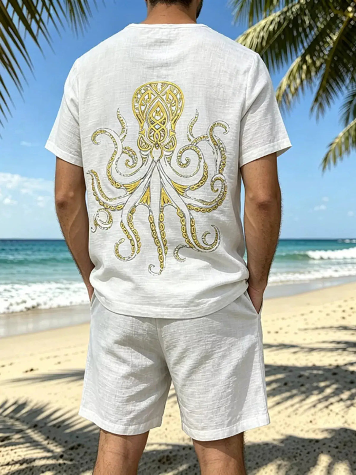 Mens plus-size two-piece loungewear set: white tee and drawstring shorts with gold octopus print, by Trendsi