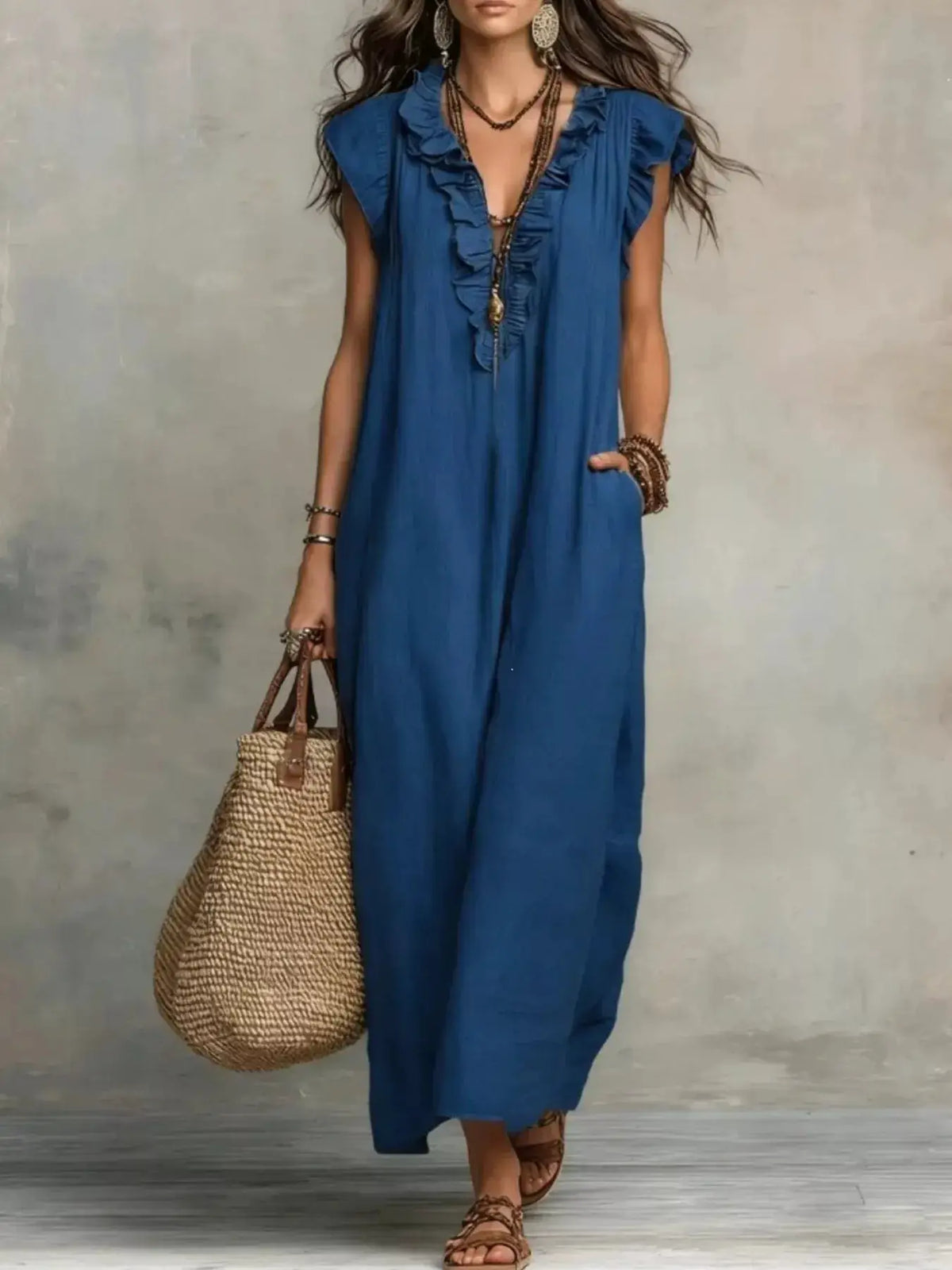 Trendsi blue plus-size ruffled V-neck cap-sleeve maxi dress with pockets