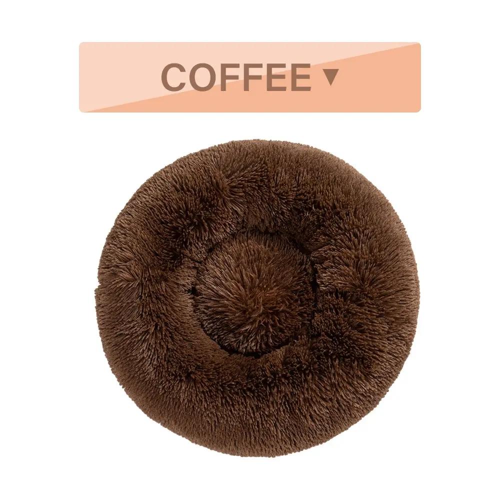 AdTec Fluffy Donut Dog Bed in brown plush, round, washable pet cushion.