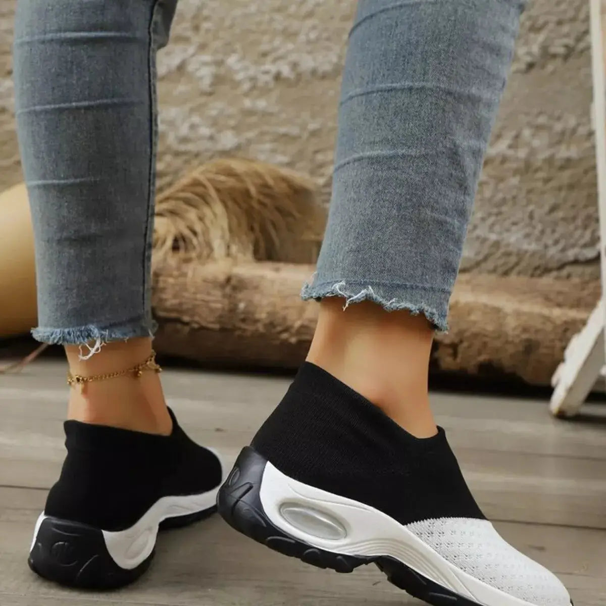 Color Block Mesh Athletic Shoes; black sock-style knit upper with white perforated toe and white midsole