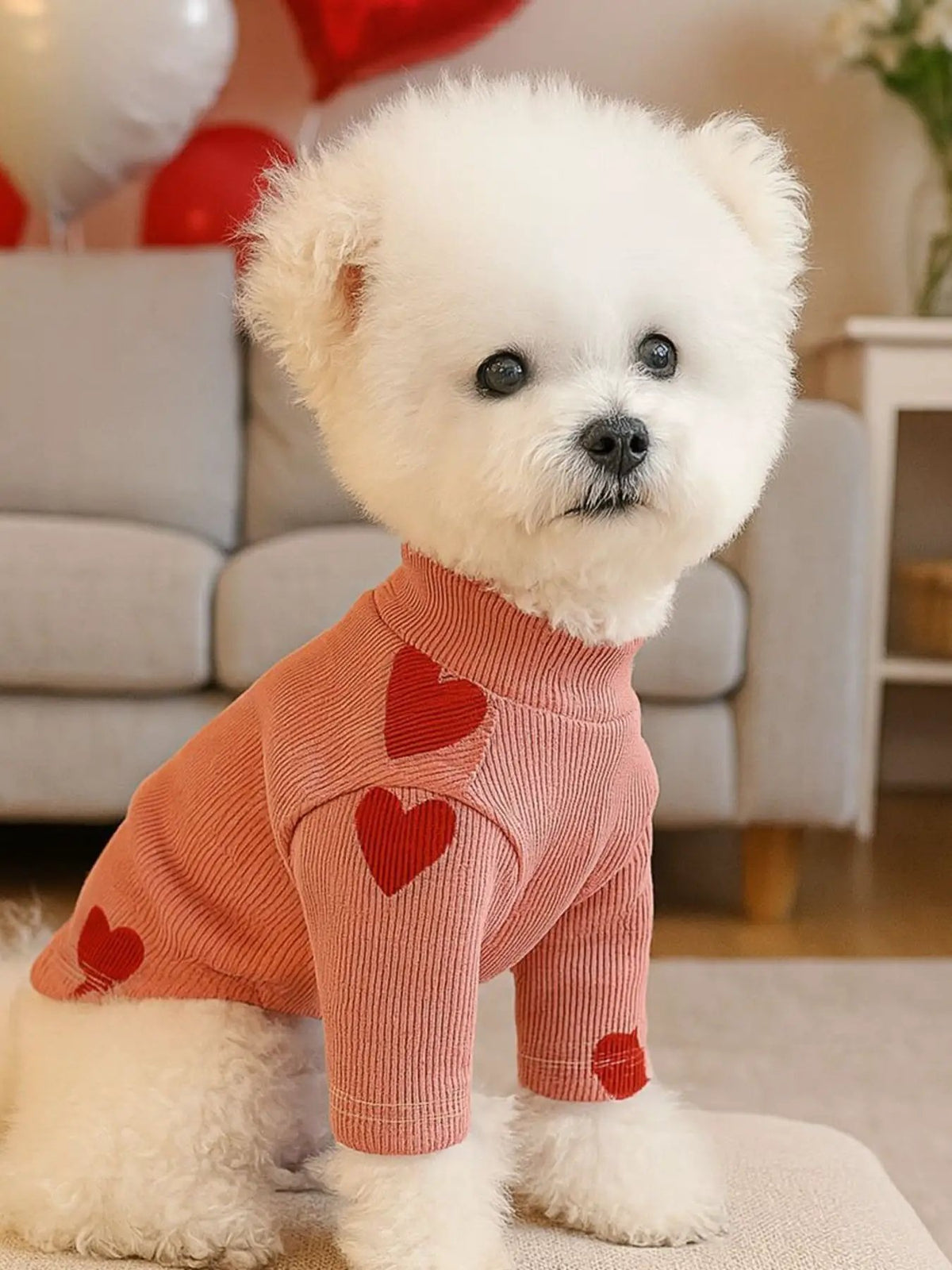 Heart Pattern Pet Sweater, pink ribbed knit with red hearts on a fluffy white dog.