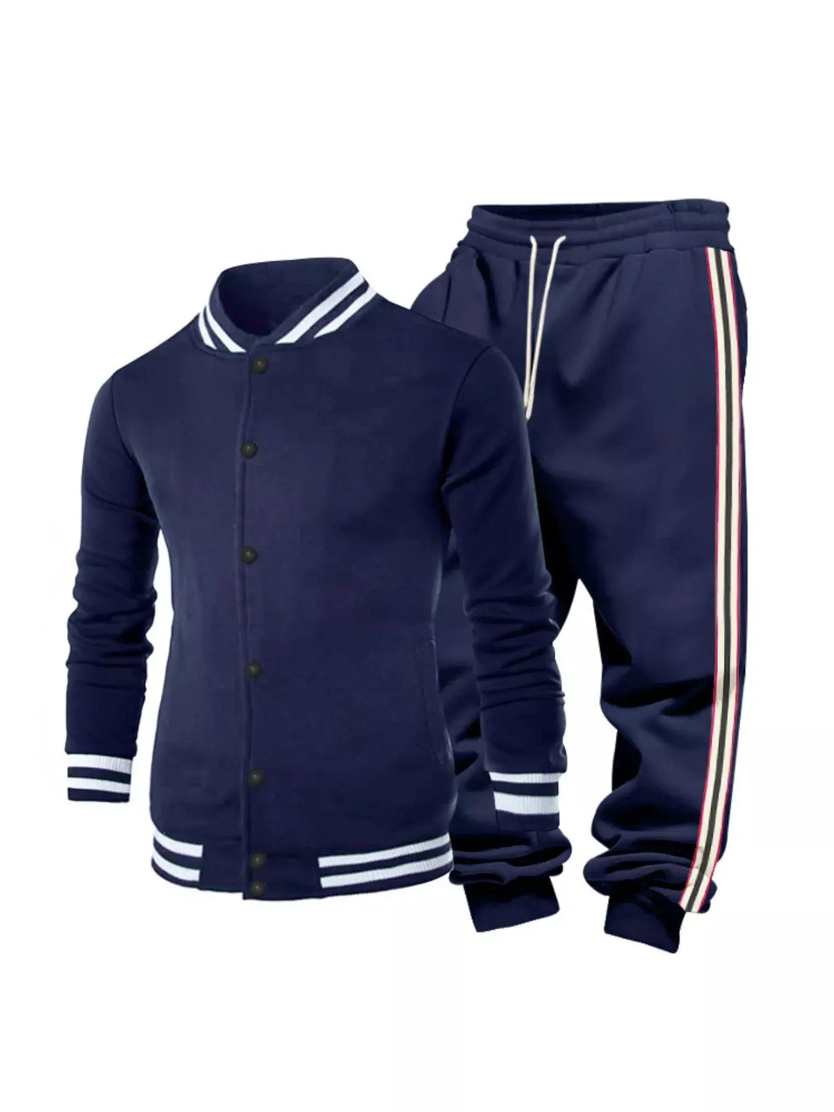 Men's navy blue striped snap-front loungewear set with striped cuffs and drawstring pants by Trendsi