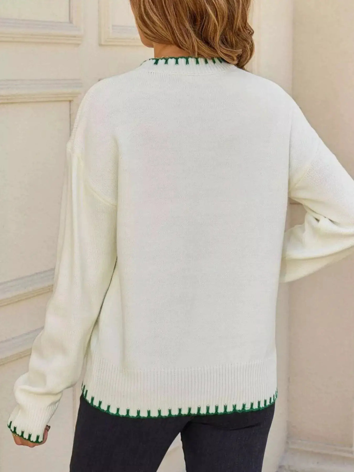 Warm Lemon Round Neck Sweater in cream knit with green edging along cuffs and hem