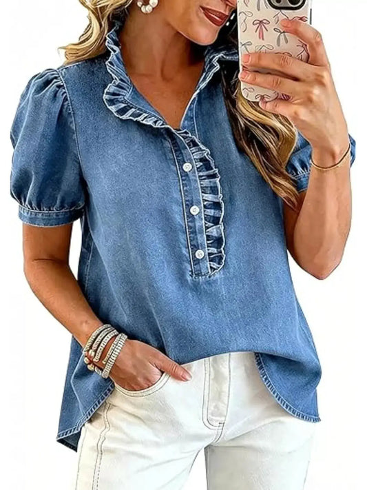 Frill puff sleeve denim top with front button closure in blue