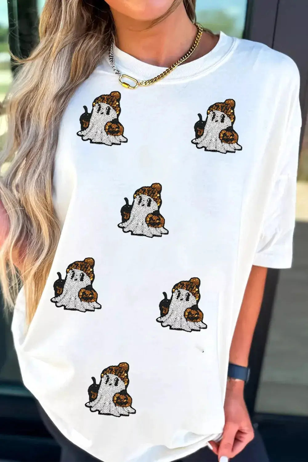 Plus-size white short-sleeve T-shirt with sequined ghost prints for Halloween