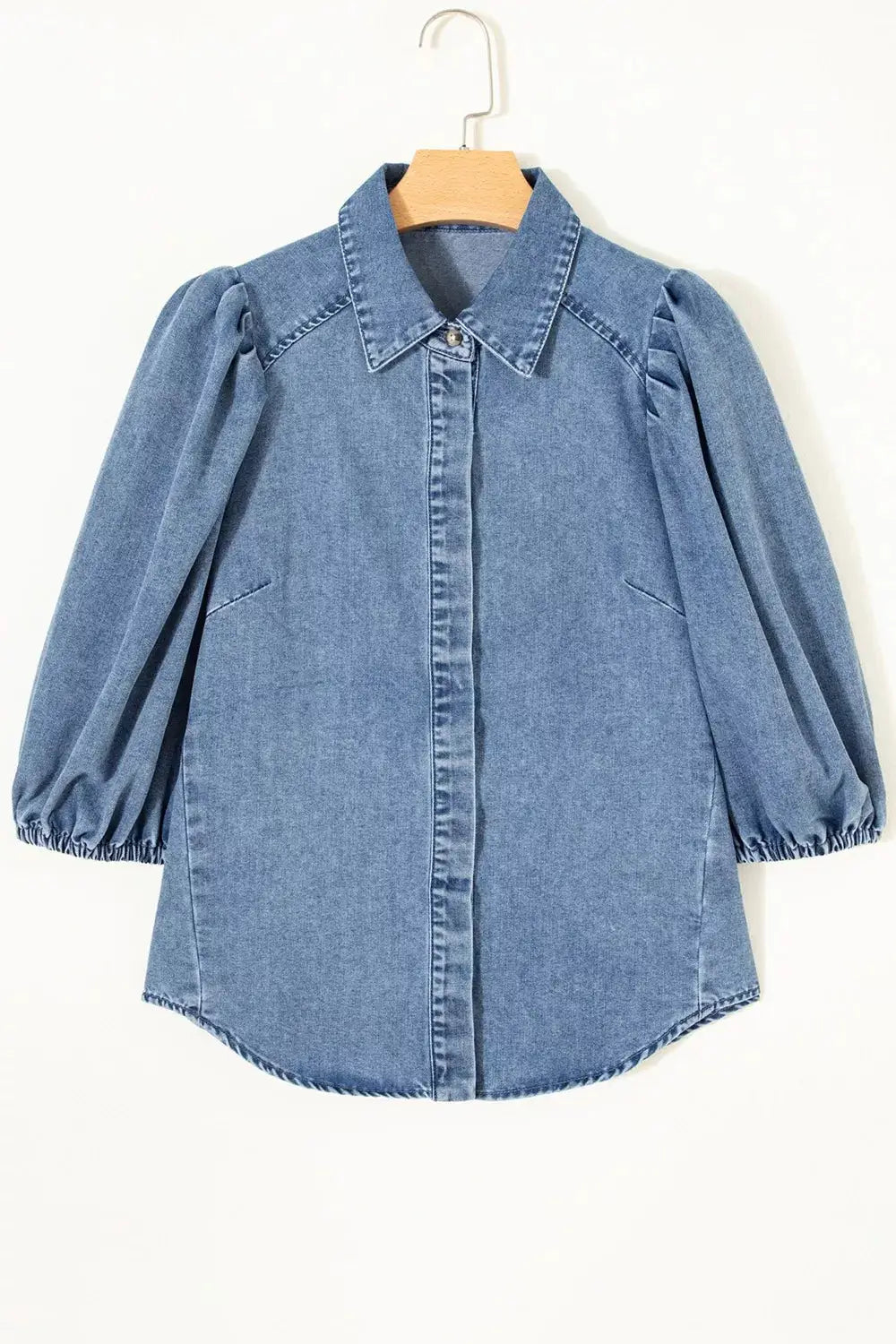 Denim shirt with structured collar and puff sleeves in light blue cotton blend