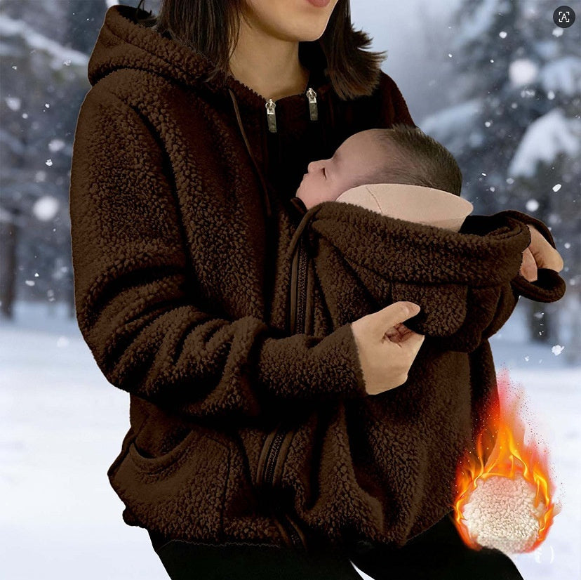 Corduroy Hooded Sweatshirt, brown nursing hoodie holding a baby.