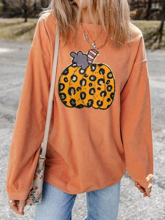 Halloween leopard pumpkin patchwork ribbed sweatshirt in orange with pumpkin graphic