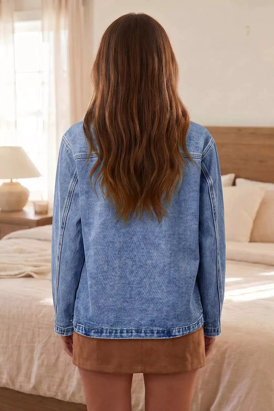 Denim jacket in blue wash with long sleeves, back view, Trendsi