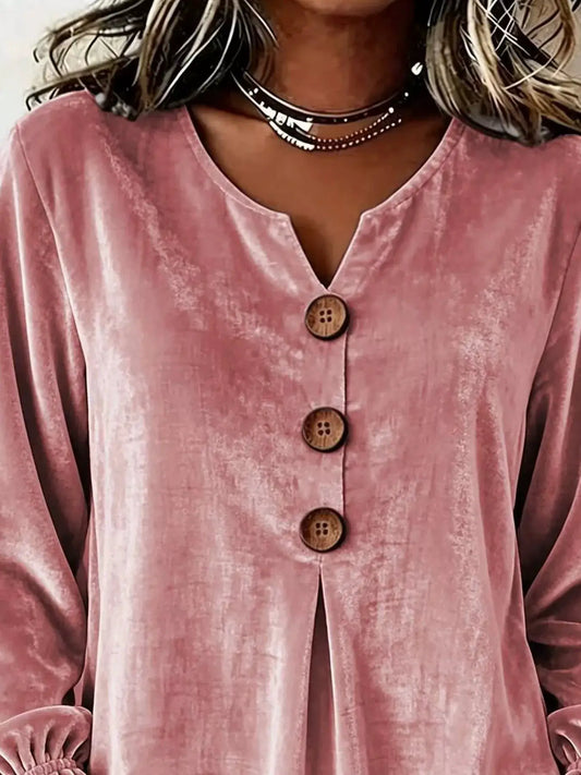 Plus-size velvet button-front blouse in dusty pink with wooden buttons and gathered cuffs