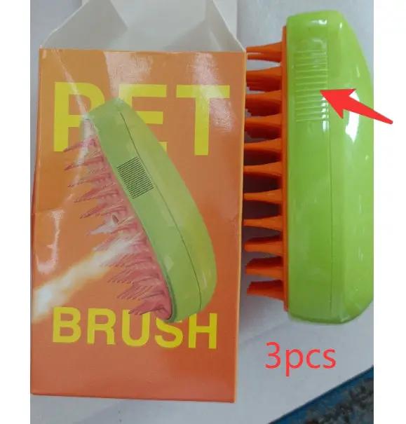 3-piece pet brush set with green steam brush and orange-bristle grooming combs