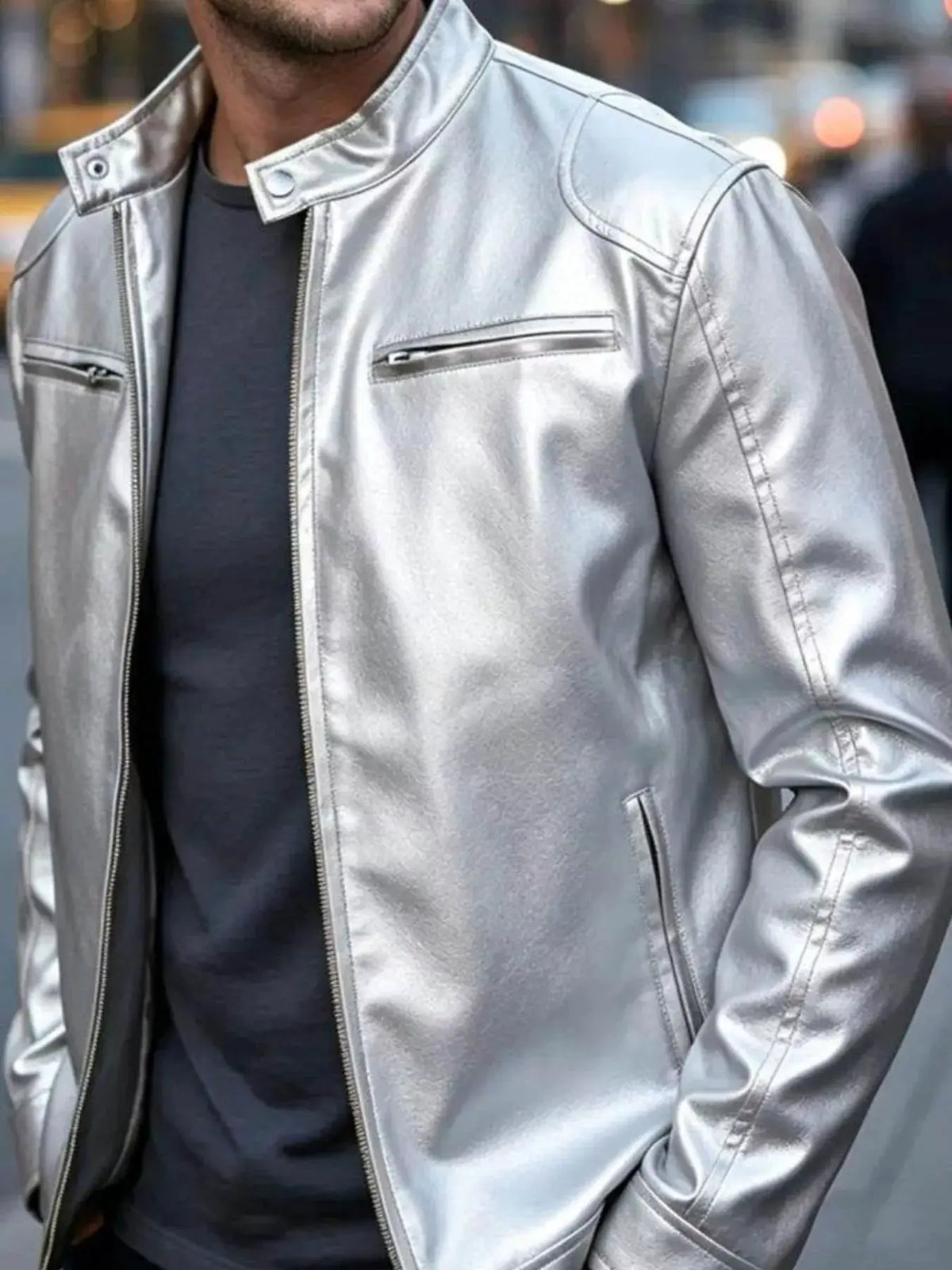 Men's metallic silver faux leather bomber jacket with zip pockets, plus size, Trendsi