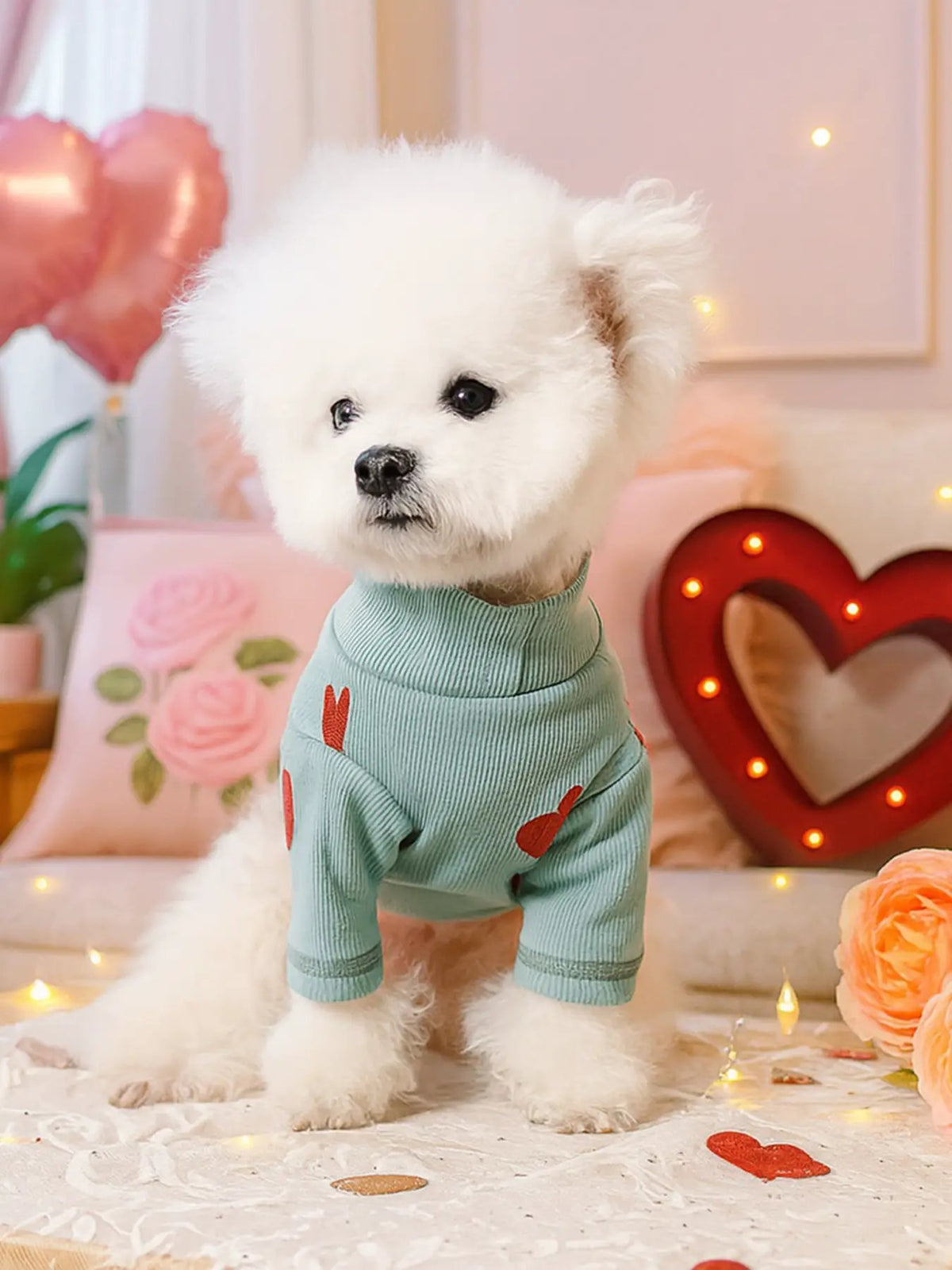 Heart Pattern Pet Sweater for dogs in mint green with red hearts.