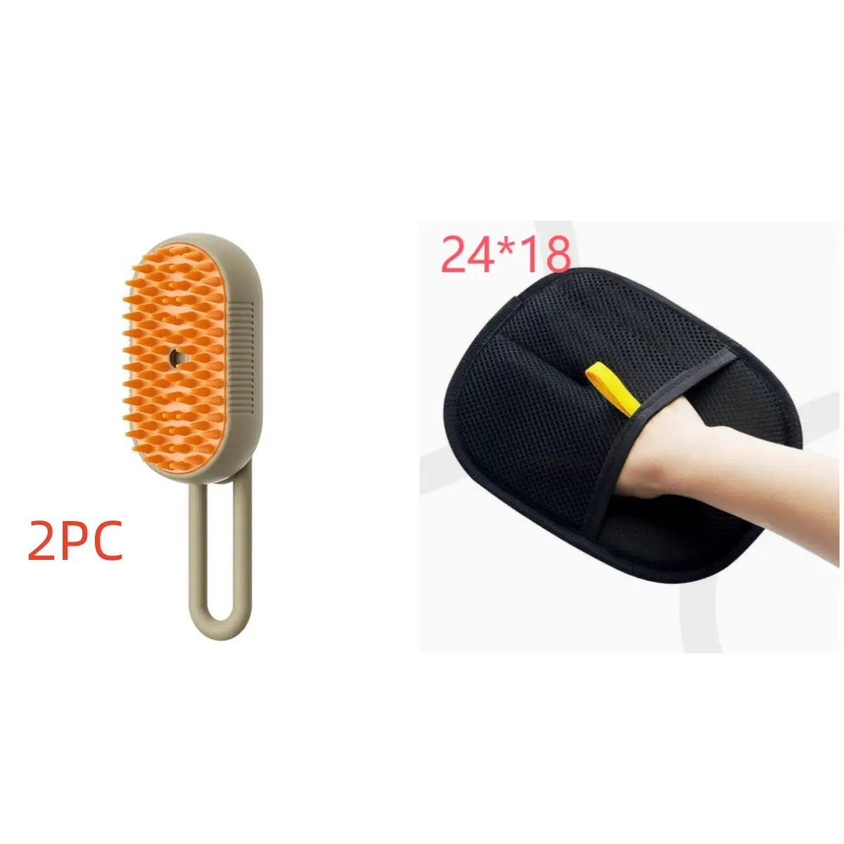 AdTec 2pc pet grooming set: orange bristle brush and black grooming glove