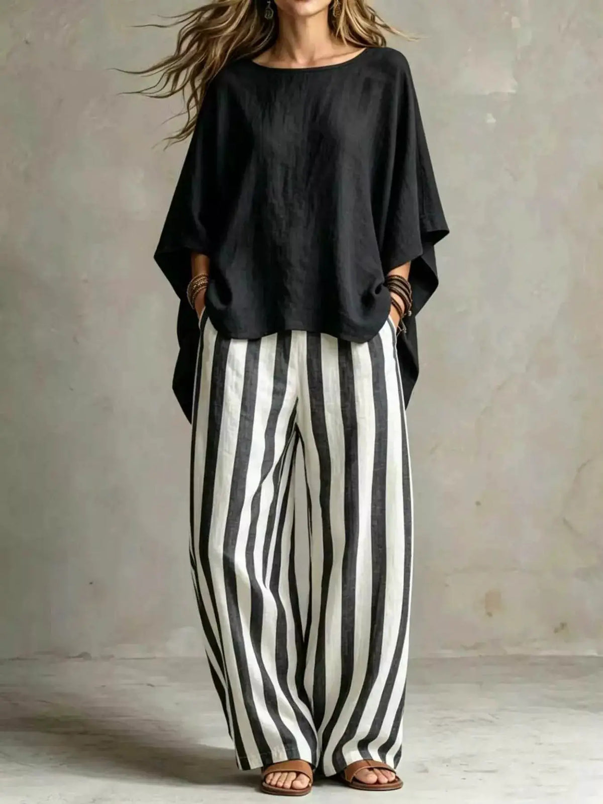 Trendsi full-size top and pants set; black oversized top with black-and-white vertical striped wide-leg pants