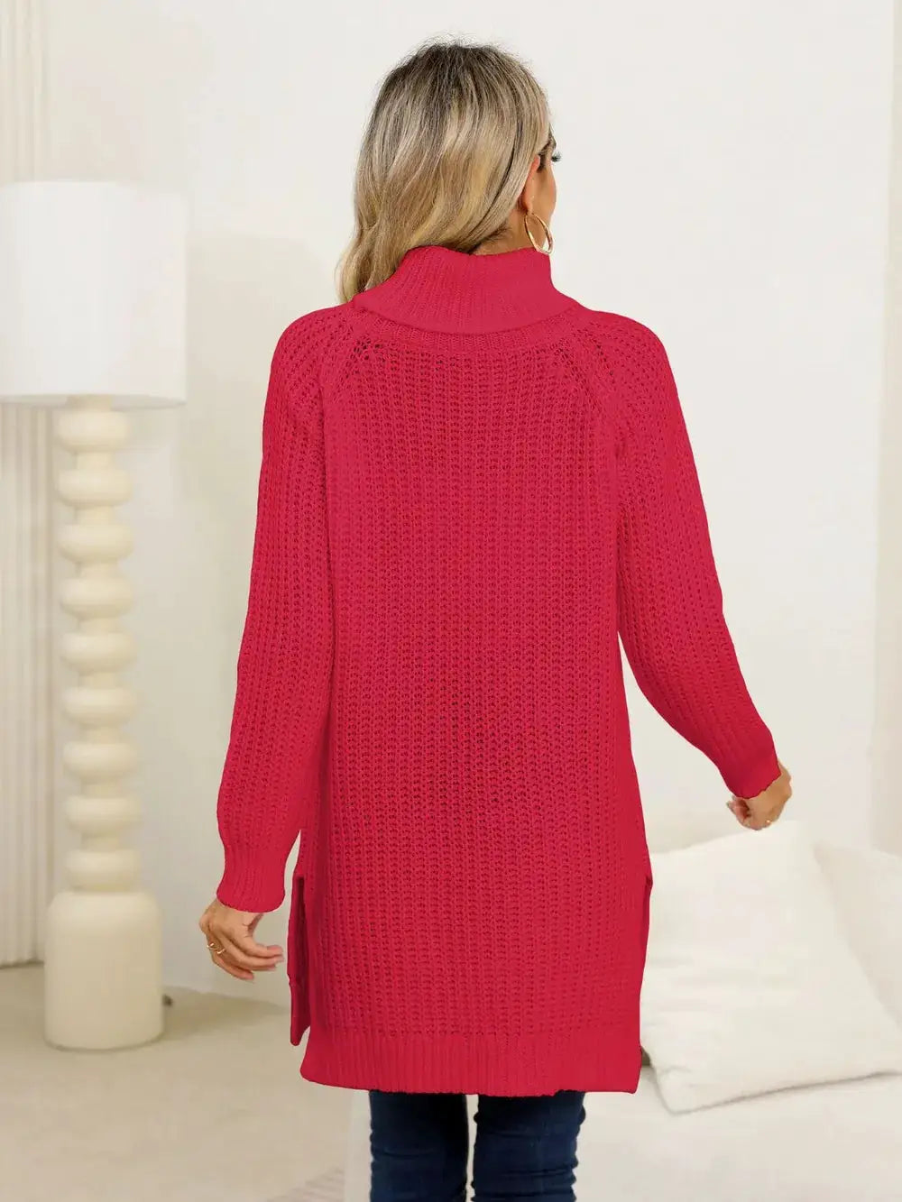Womens Slit Turtleneck Knit Pullover Sweater by Trendsi, magenta knit with long sleeves and side slits