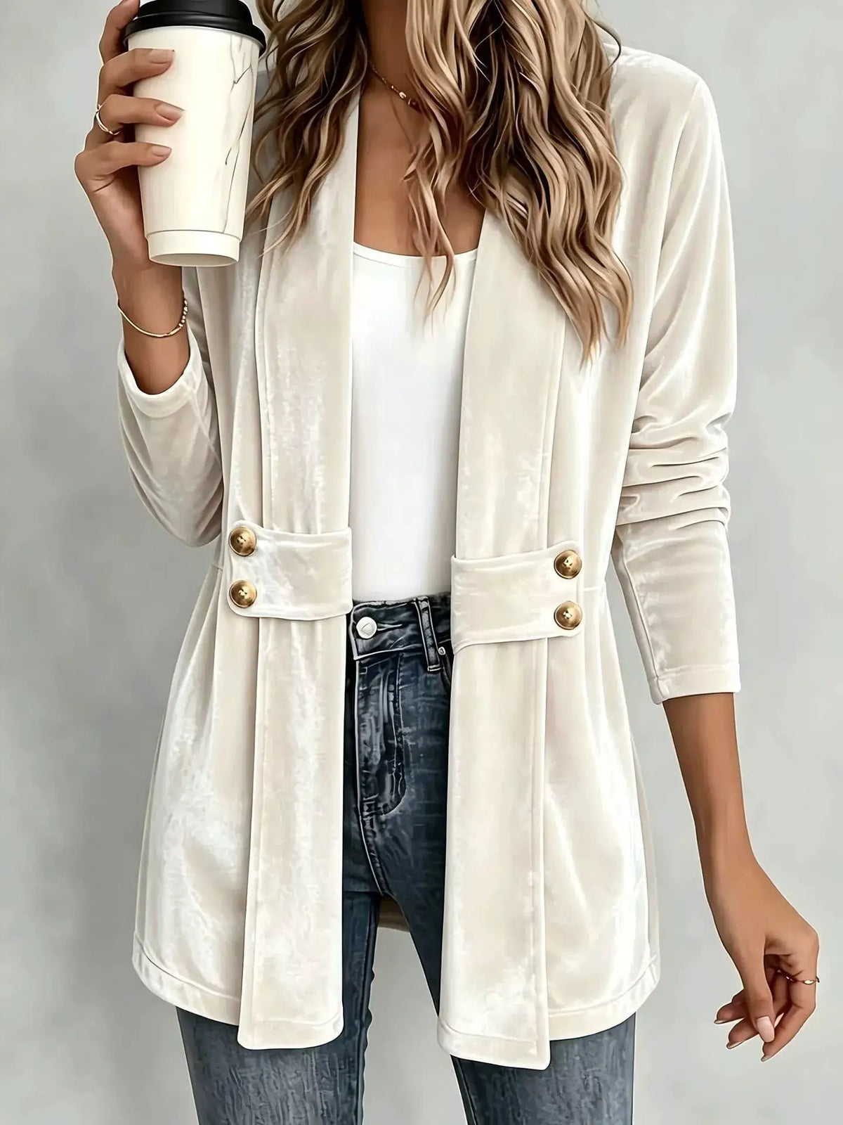 Elegant velvet open-front coat in ivory with gold-tone button pocket accents, Trendsi