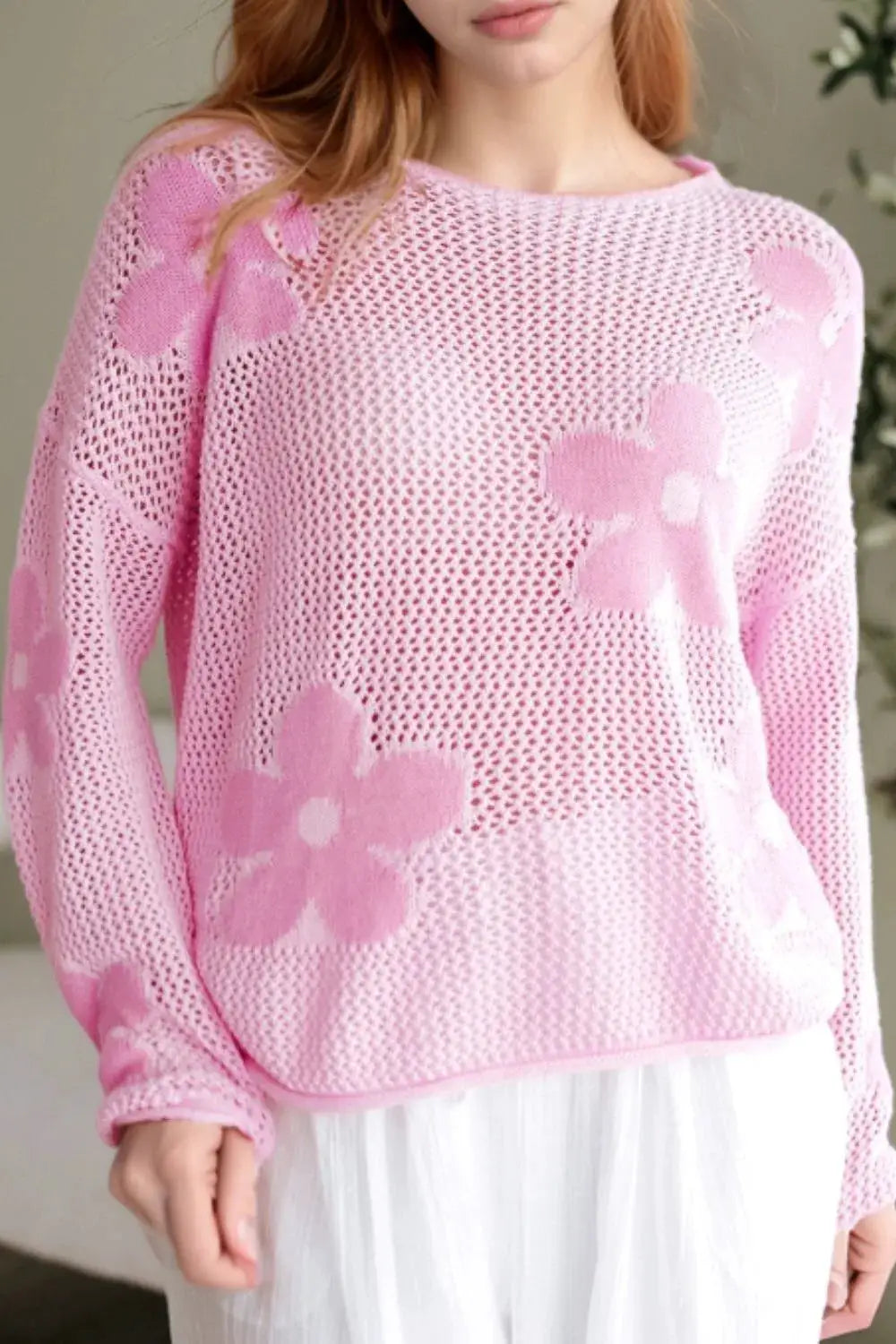Lightweight pink openwork floral knit cover-up top with round neck by Trendsi