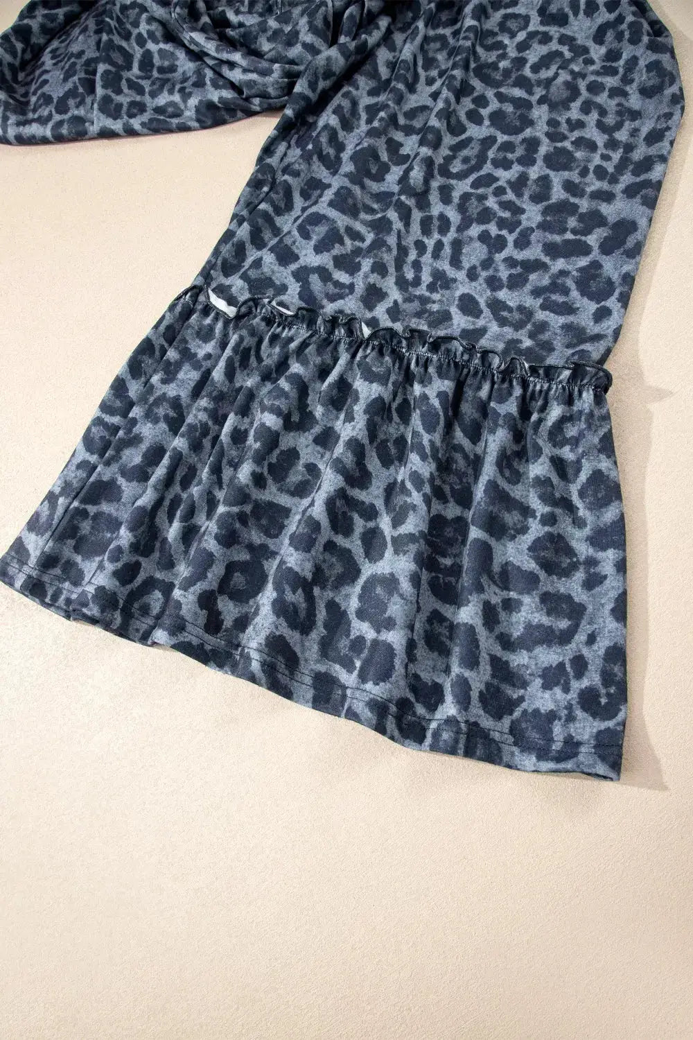 Leopard print frilled-detail drawstring wide-leg pants by Trendsi, gray/black palazzo pants