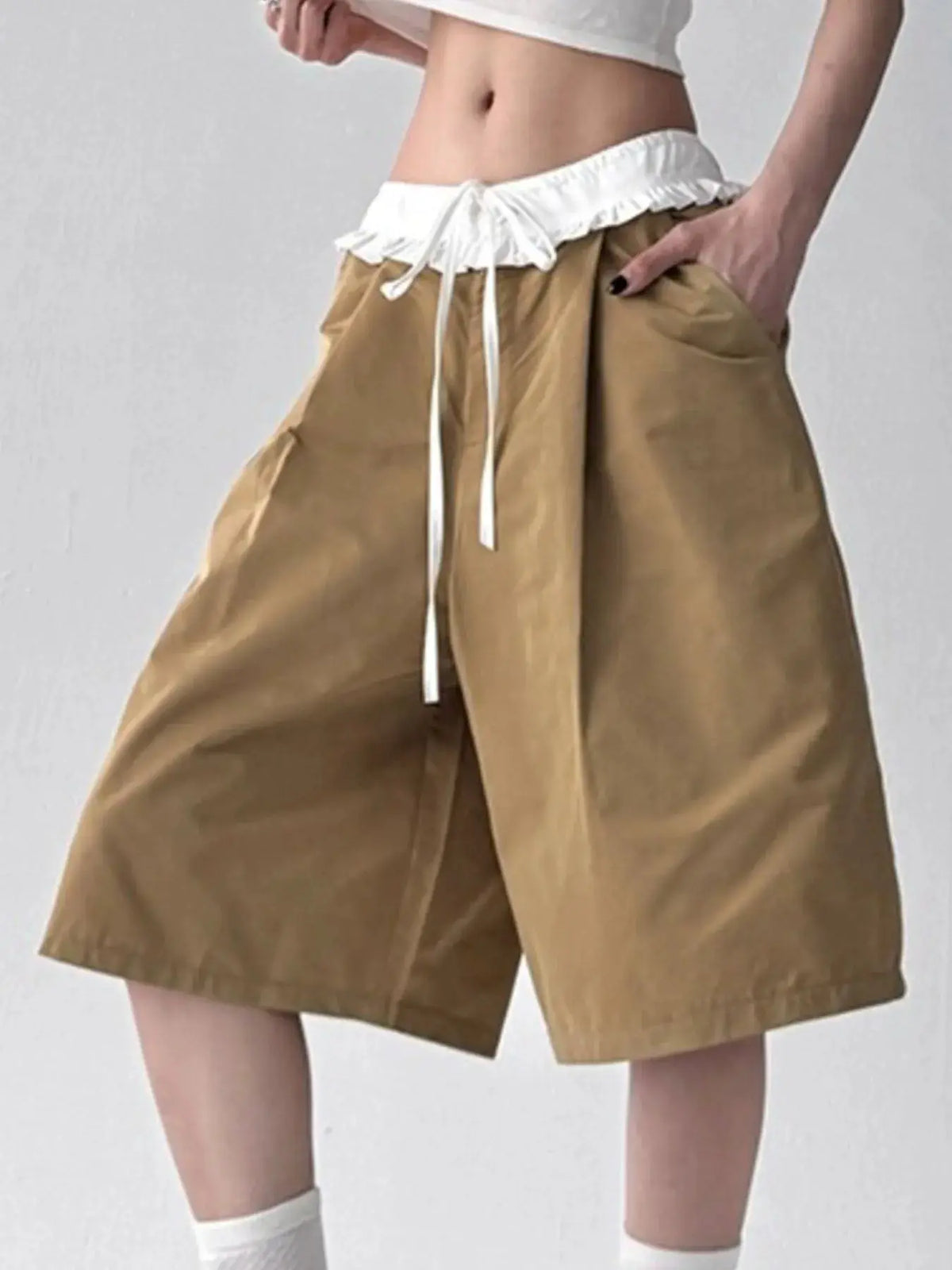 Contrast Waistband Wide-Leg Shorts in camel with a white ruffled waistband and drawstring