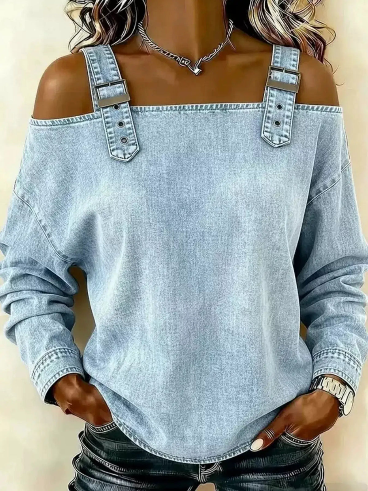 Plus size long sleeve denim top with adjustable buckle straps by Trendsi in light blue denim