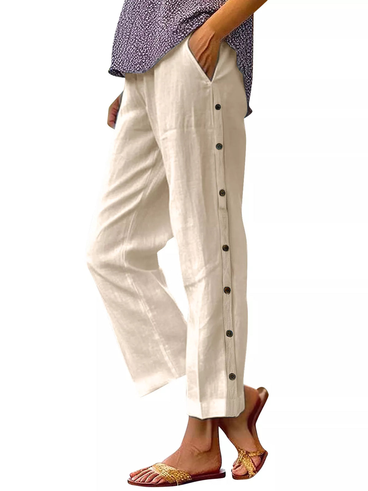 Full Size Side Button Decor Pants beige plus size trousers with pockets