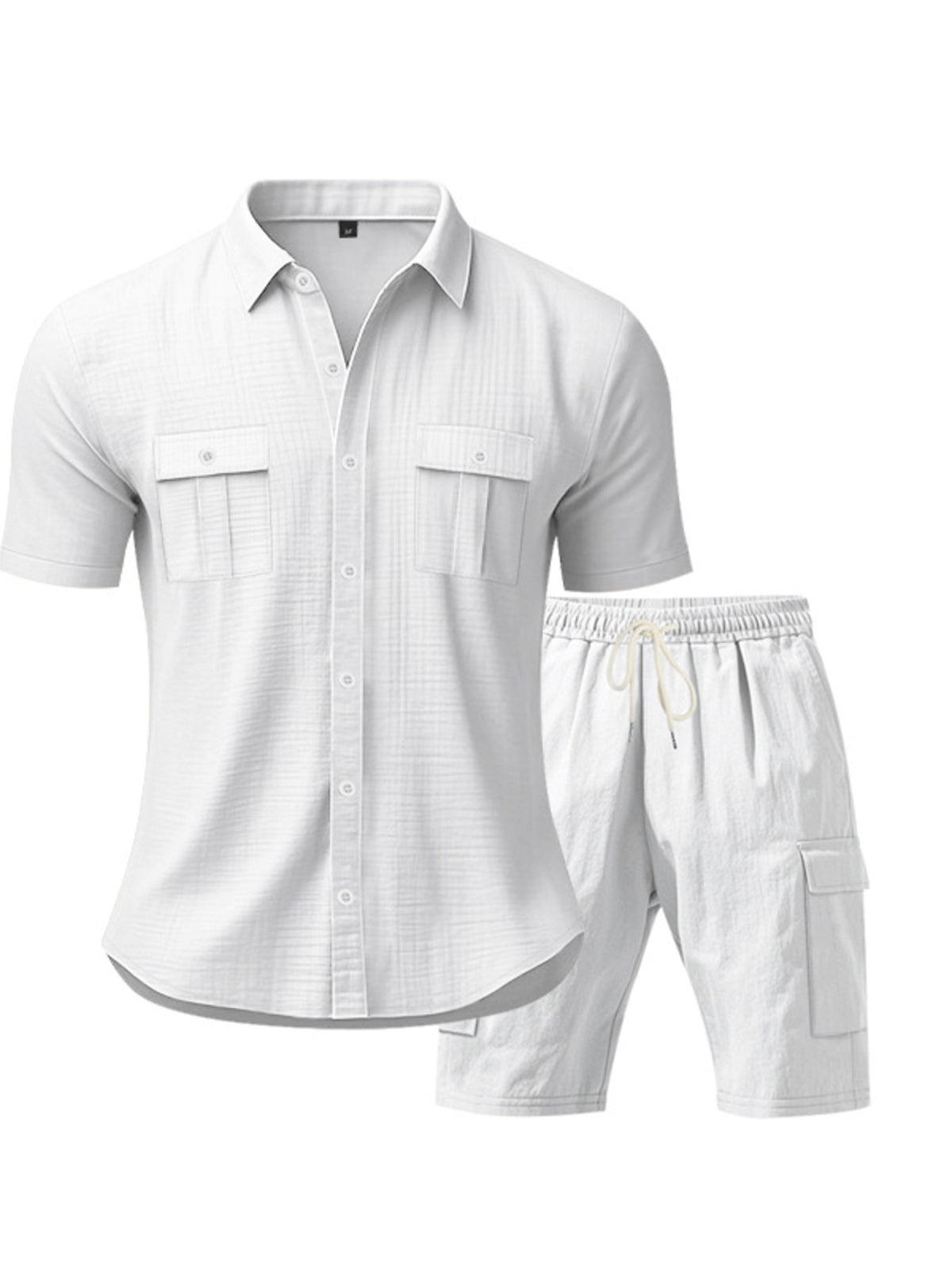 Men's plus-size button-up shirt and shorts two-piece set in light gray with two chest pockets.