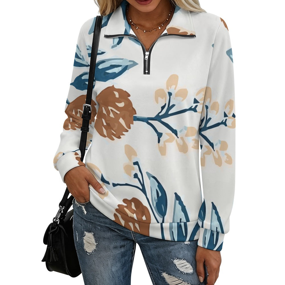 Women's Quarter Zip Sweatshirt Inkedjoy with abstract floral print on white; blue and tan accents, breathable fabric.