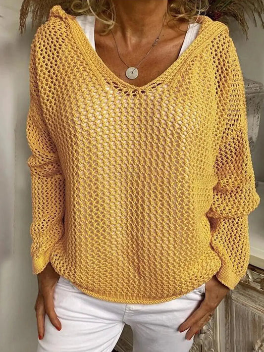 Openwork knit beach cover-up in yellow with long sleeves