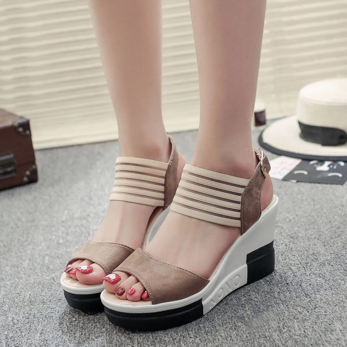 Contrast Platform Wedge Sandals in taupe suede with beige elastic ankle straps and white wedge sole