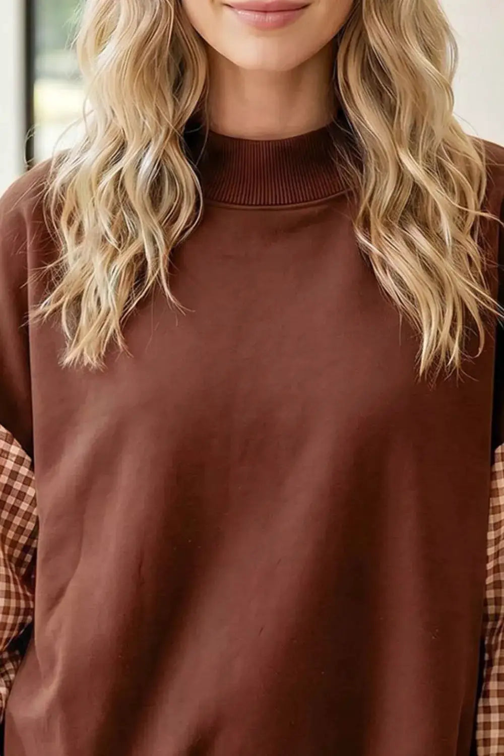 Plaid sleeve colorblock loose tunic sweatshirt by Trendsi, brown body with plaid sleeves