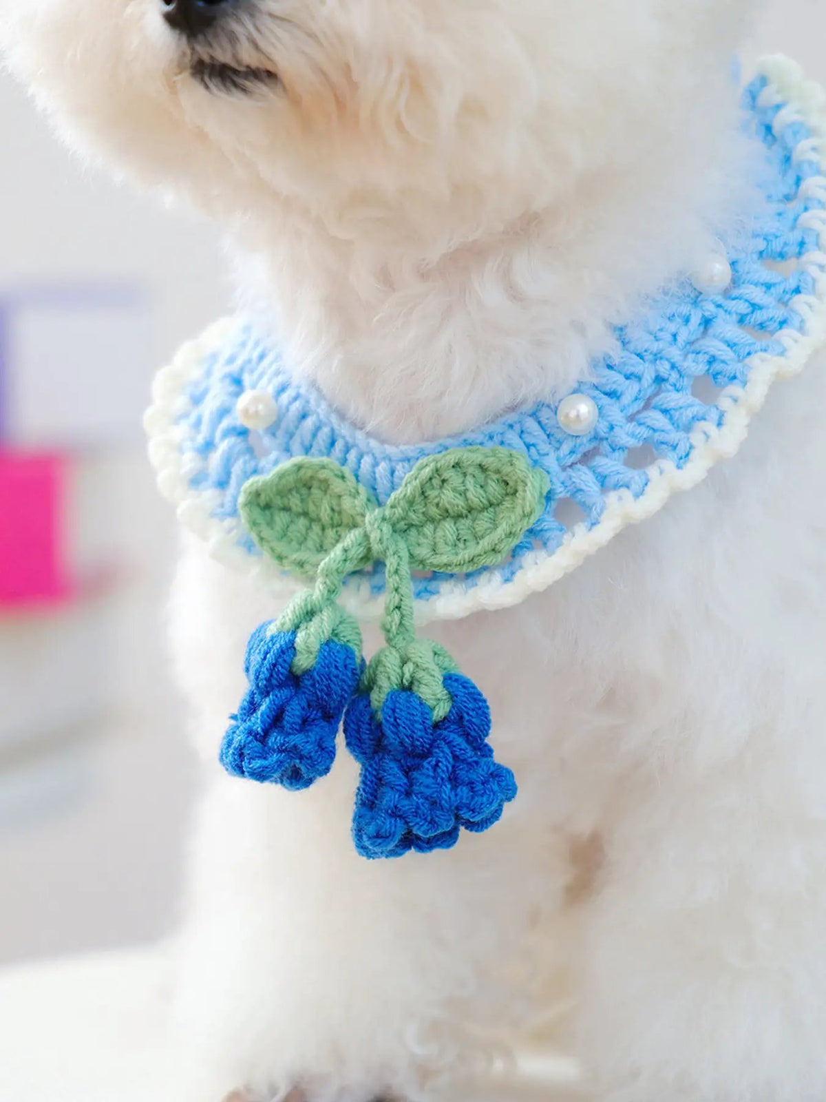 Contrast Pet Scarf, light-blue crochet collar with pearl beads, green leaf accents and blue tassels.