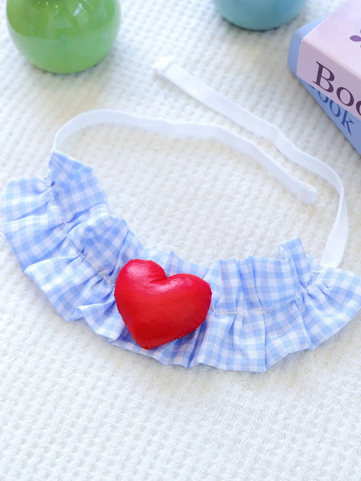 Contrast Pet Scarf, blue gingham with red heart applique and white strap