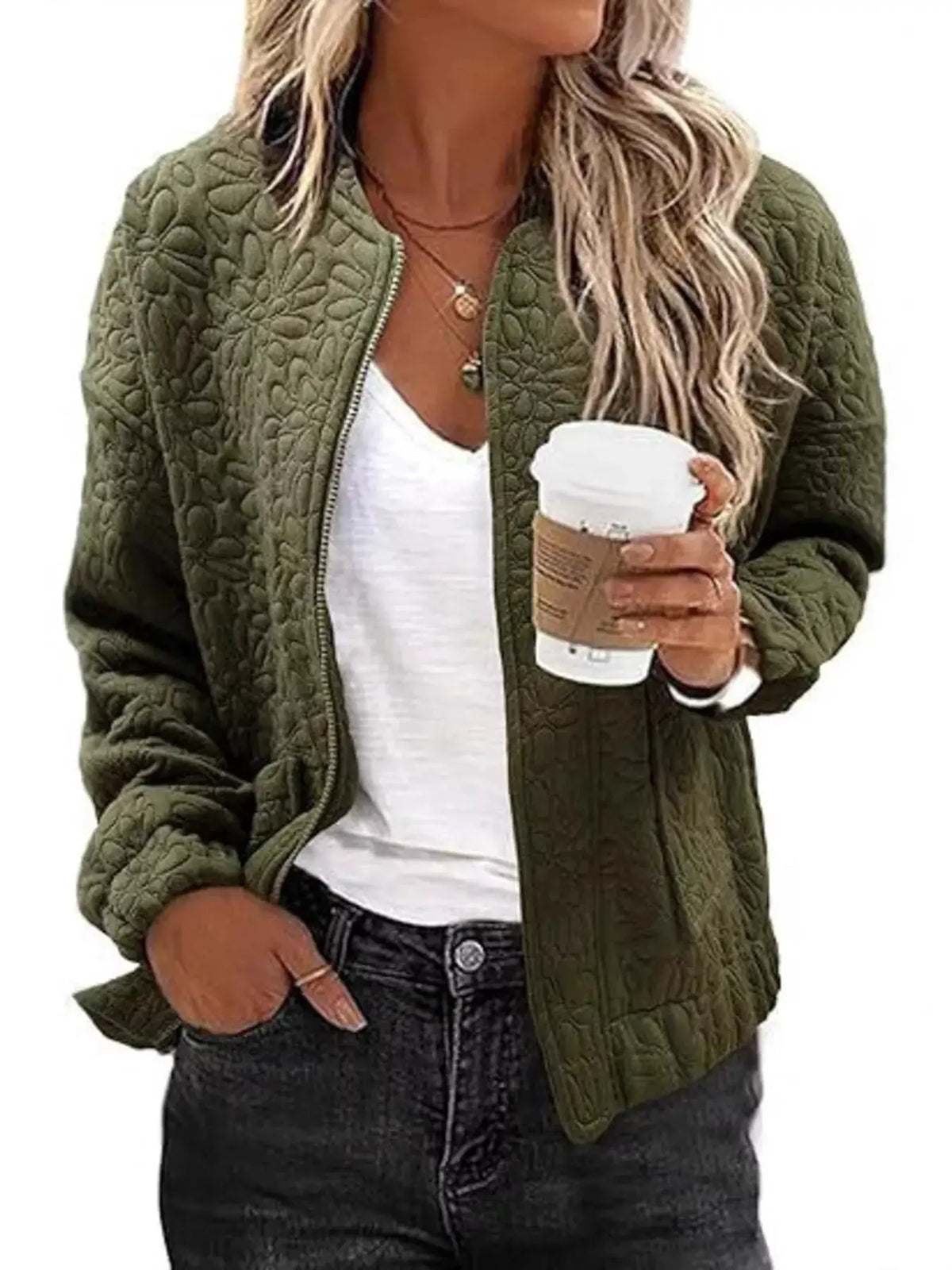 Trendsi Premium Floral Quilted Lightweight Zip-Up Jacket in olive green