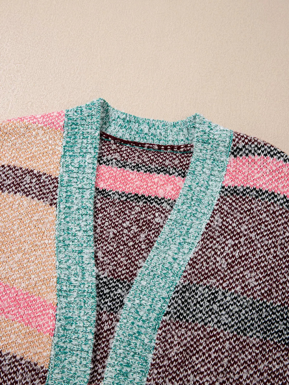 Multi-color striped cardigan for women in soft stretch knit with teal trim