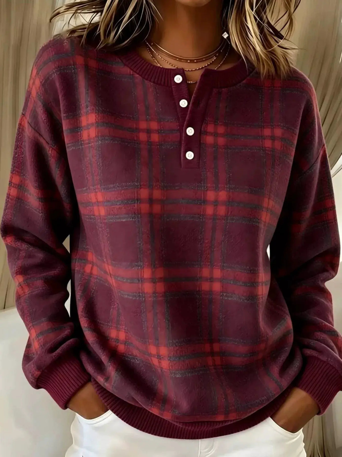 Women's plus-size long-sleeve plaid button-front sweatshirt with ribbed cuffs and hem in burgundy red