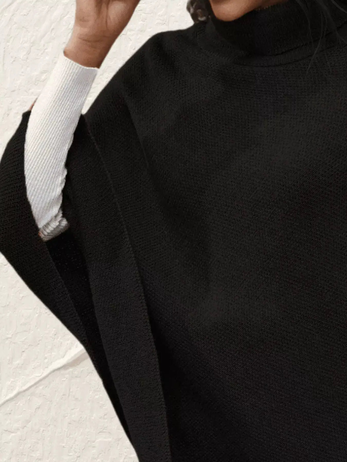 Button Turtleneck Poncho Pullover in black knit with adjustable windproof stretchy fit