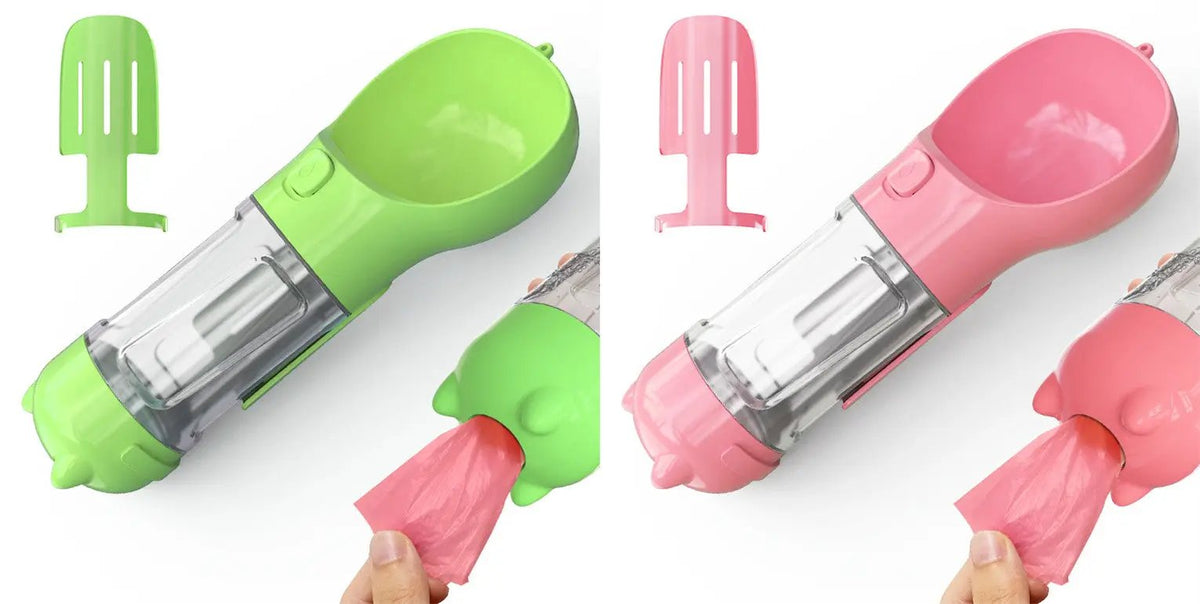 3-in-1 pet water bottle feeder by AdTec, green and pink variants with built-in bowl