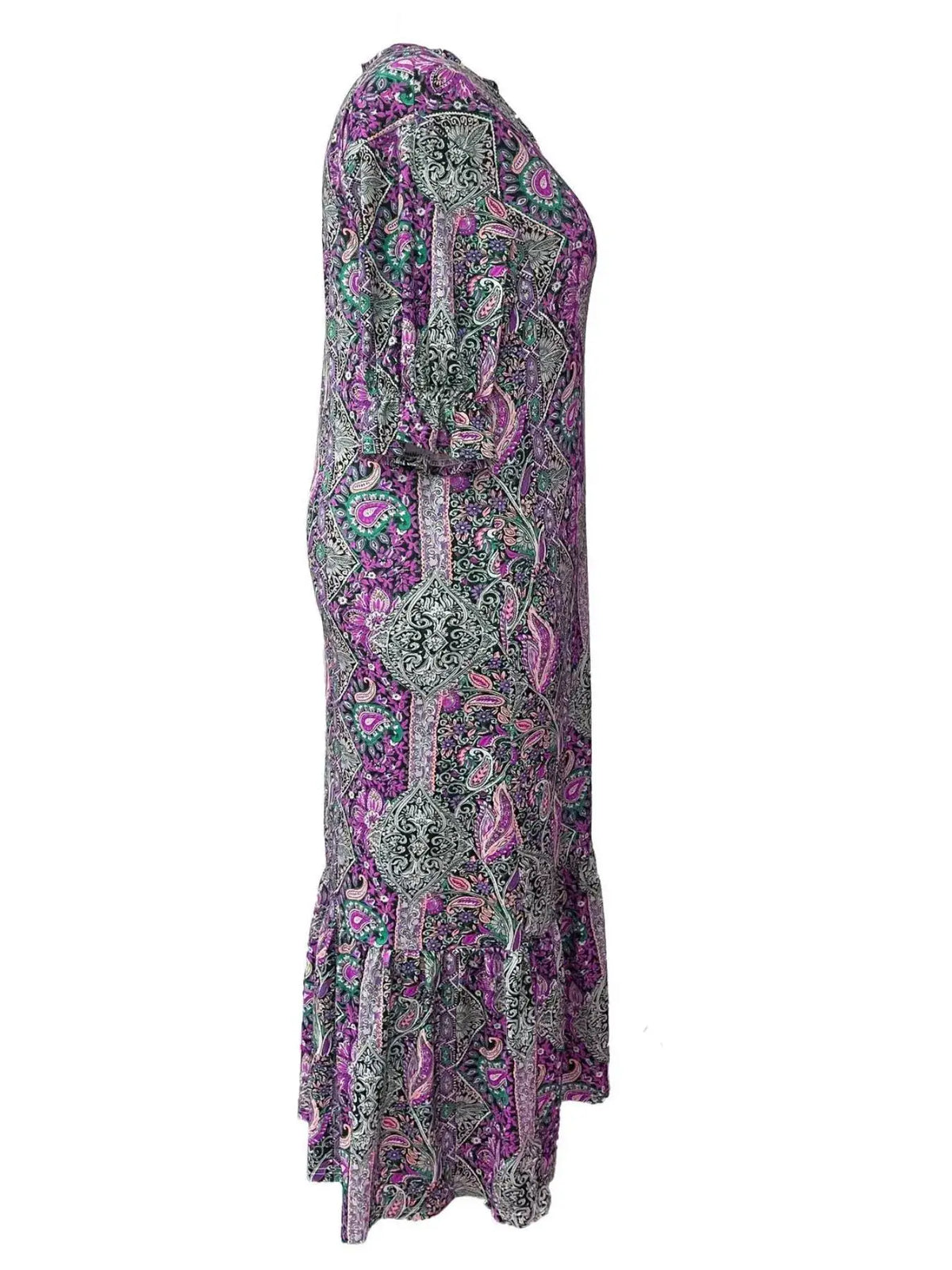 Full-Size Bohemian Paisley Print Midi Dress with Ruffle Hem, Plus Size, purple and pink pattern