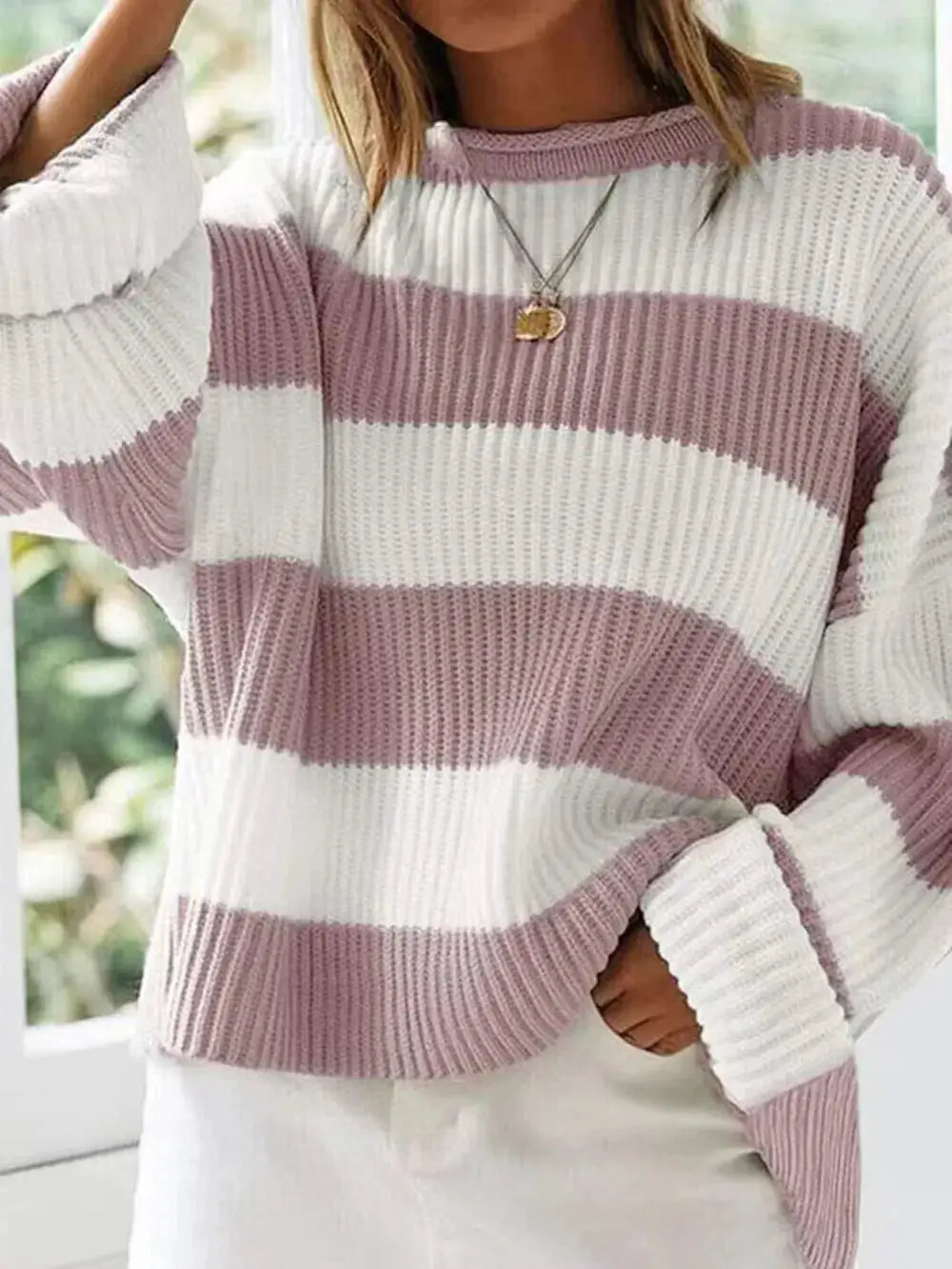 Essential round-neck striped knit sweater in dusty pink and white with soft stretch fabric and long sleeves