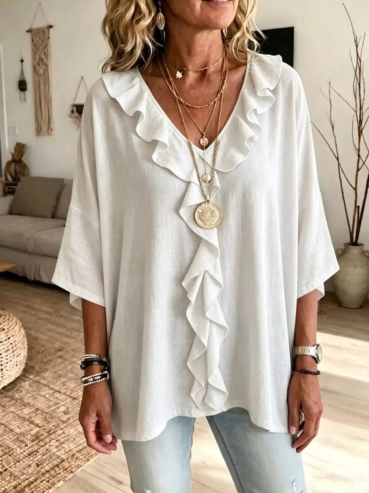 Full Size Ruffle V-Neck 3/4 Sleeve Blouse Plus Size, white