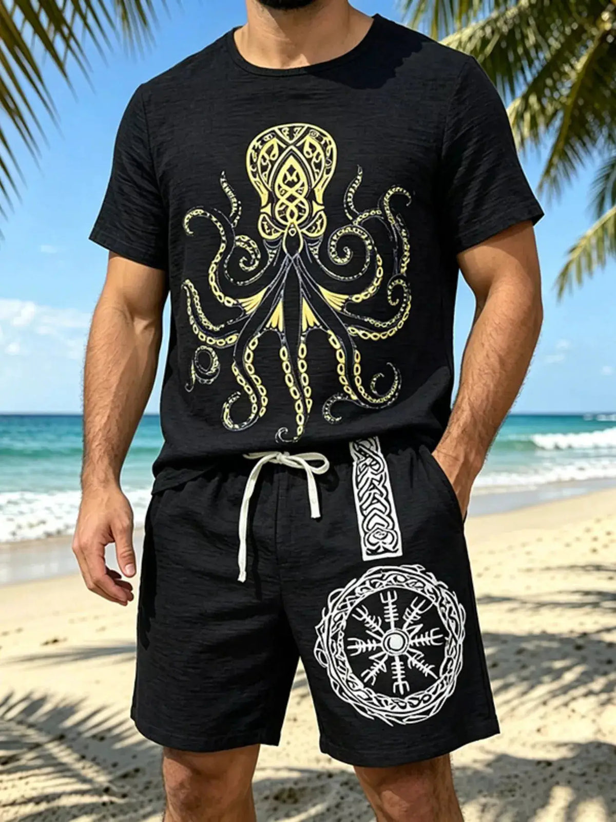 Men's two-piece loungewear set: black tee with gold octopus graphic and black drawstring shorts