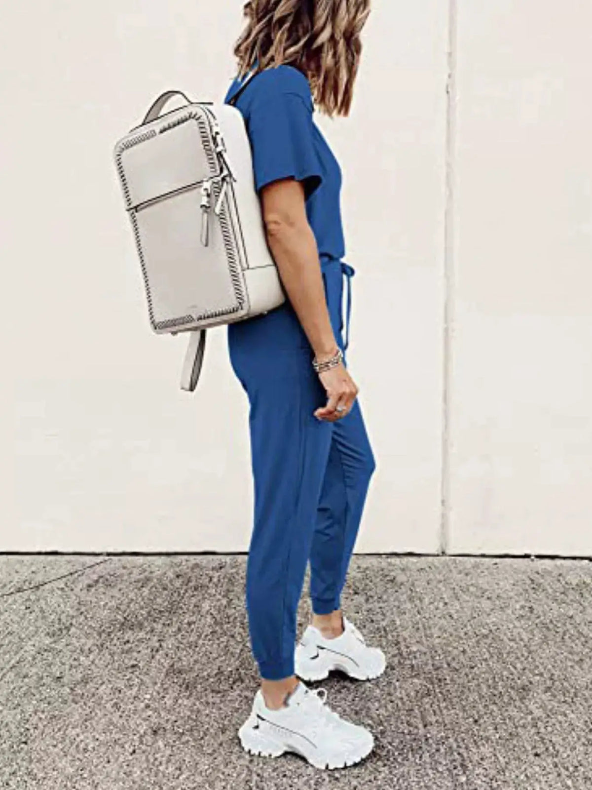 Full Size Round Neck Top and Drawstring Pants Set Plus Size, blue two-piece loungewear.