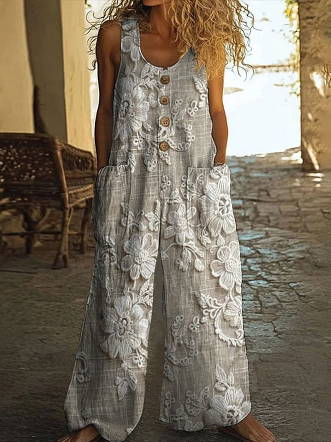 Mono de Moda Floral para Mujer con Bolsillos y Chaleco