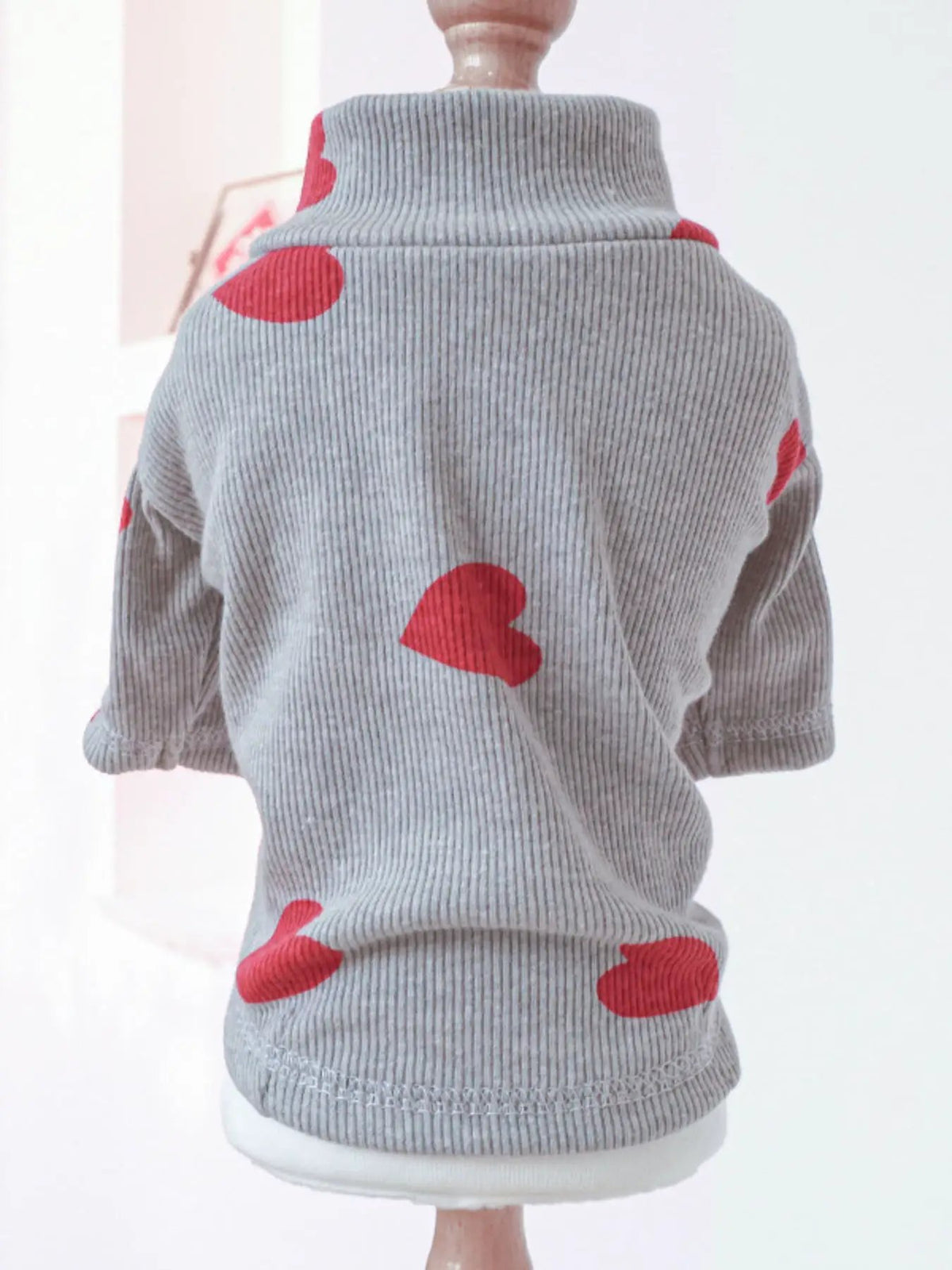 Heart Pattern Pet Sweater, gray ribbed knit with red hearts, by Trendsi.