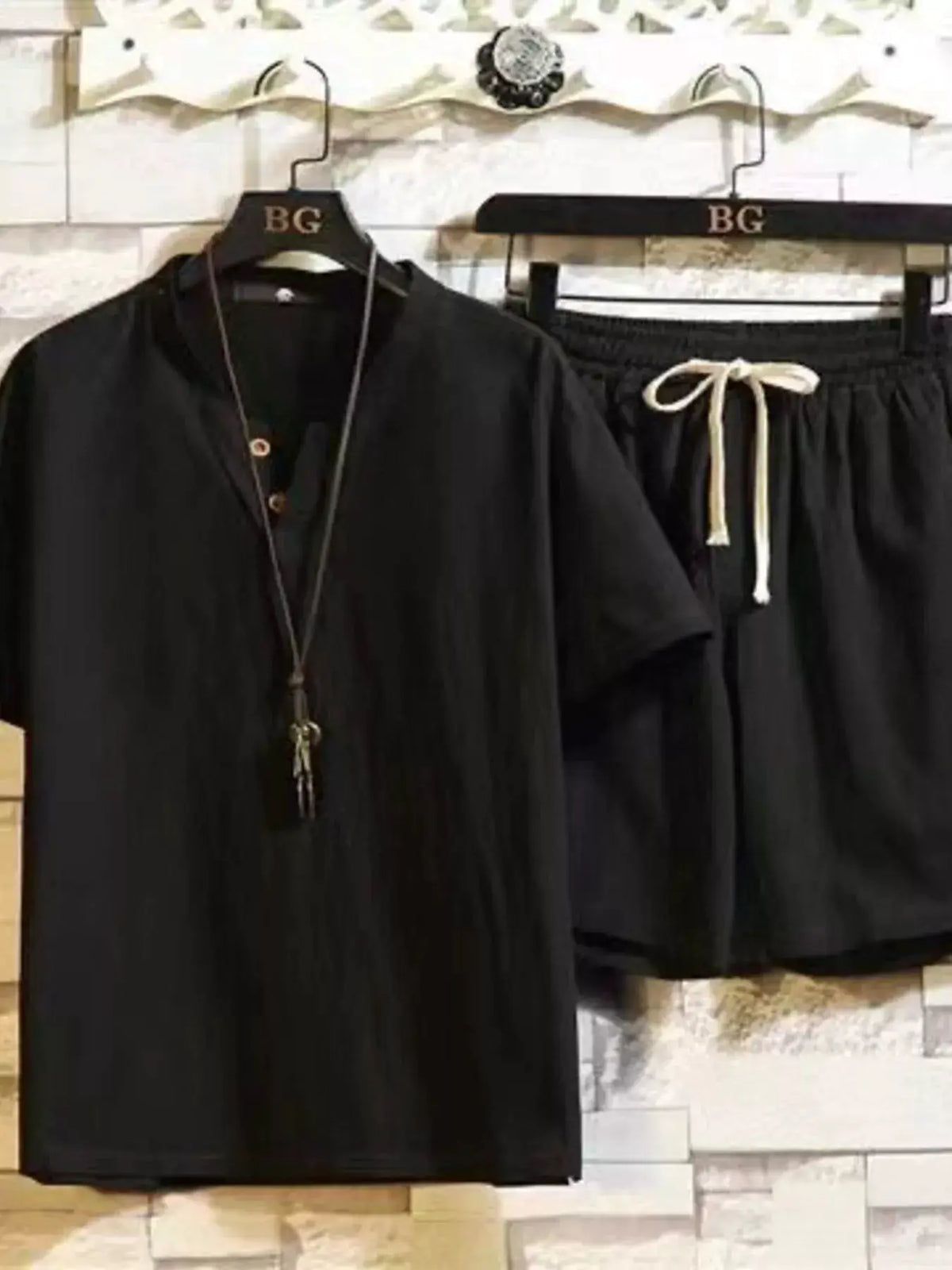 Men's plus-size cotton short-sleeve top and matching black shorts two-piece lounge set